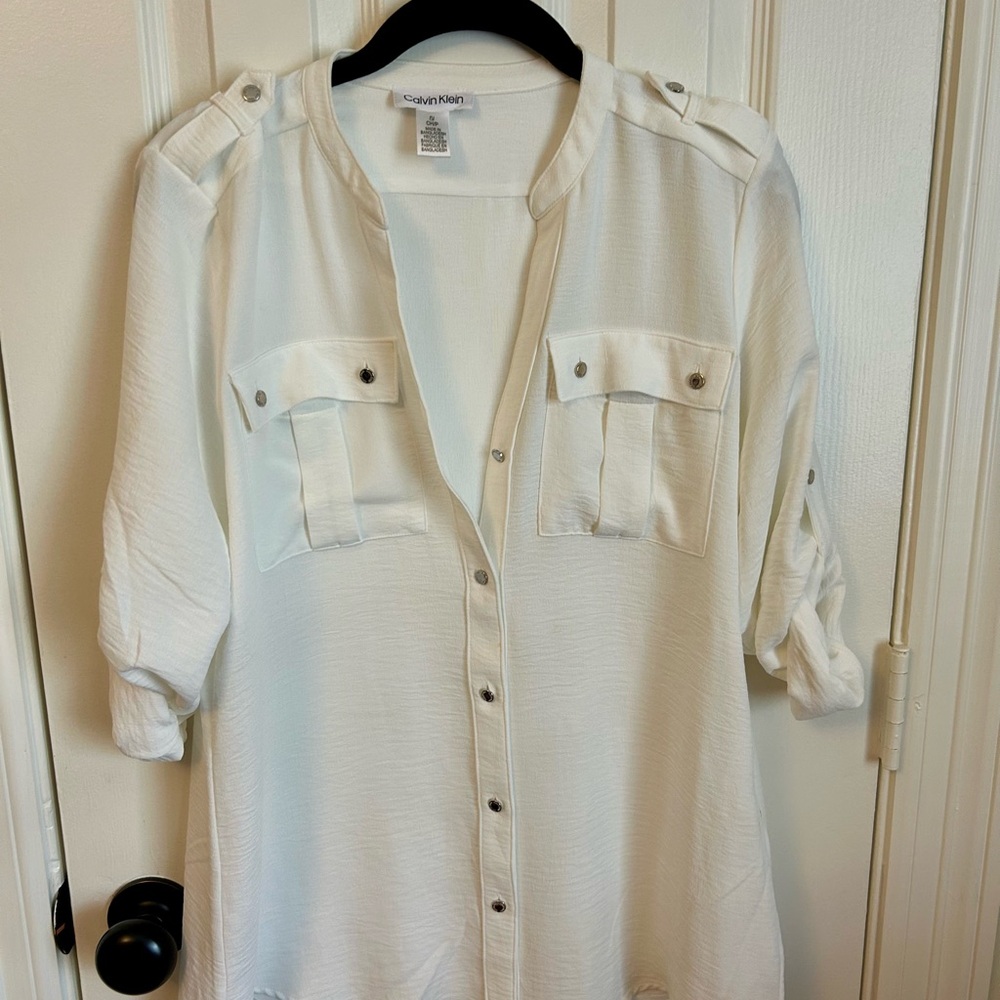 Calvin Klein Cream V-Neck Button Up Blouse.